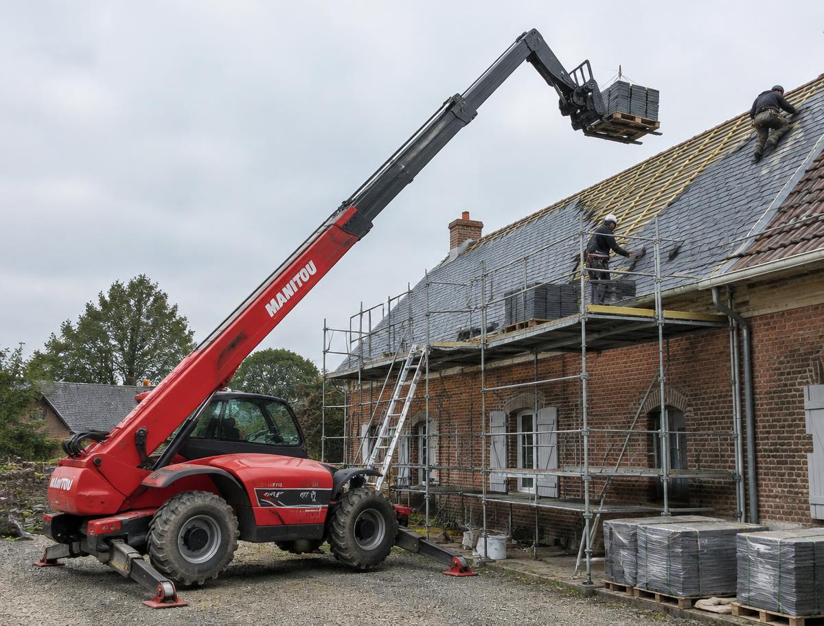 Manitou 18 m de l'entreprise Hénaut sur un chantier de toiture